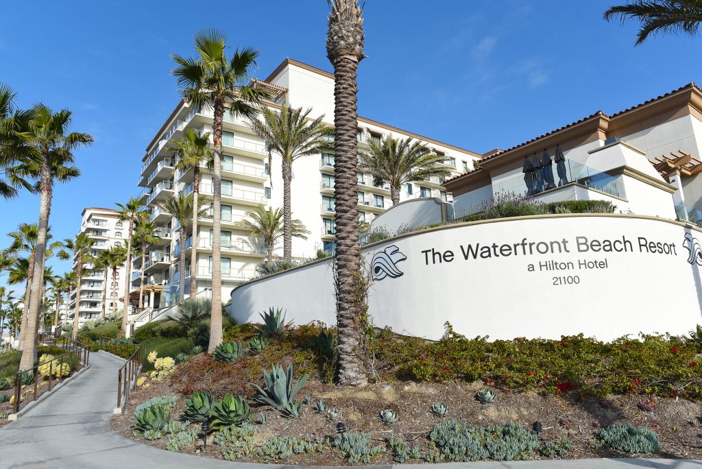 HUNTINGTON BEACH, CALIFORNIA - 22 JAN 2020: The Hilton Waterfront Beach Resort, on Pacific Coast Highway.