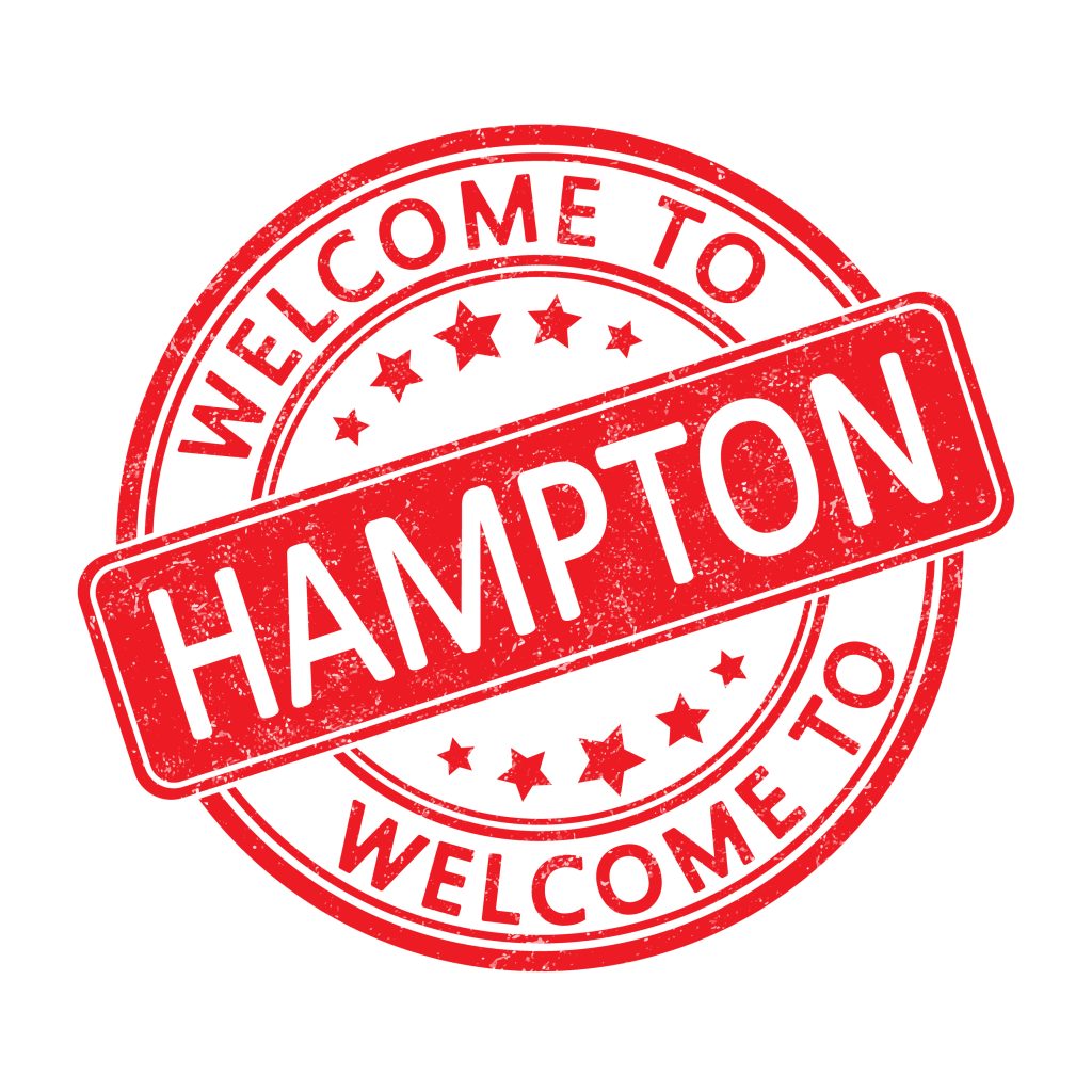 Welcome to HAMPTON. Impression of a round stamp with a scuff. Flat style